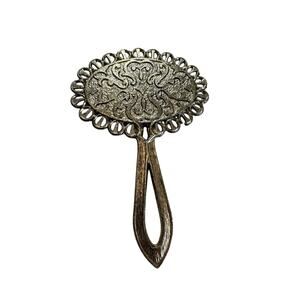 Vintage Ornate Mini Hand‎ Mirror Bronze Tone Filigree Vanity Decor 5"